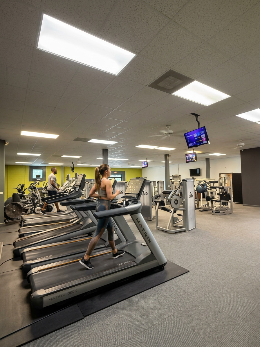 The cardio room at The Ridge with treadmills and ellipticals